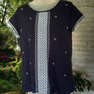 TALBOTS TOP Womens Size S Petite Short Sleeve Navy Cross stitch Cotton Tee